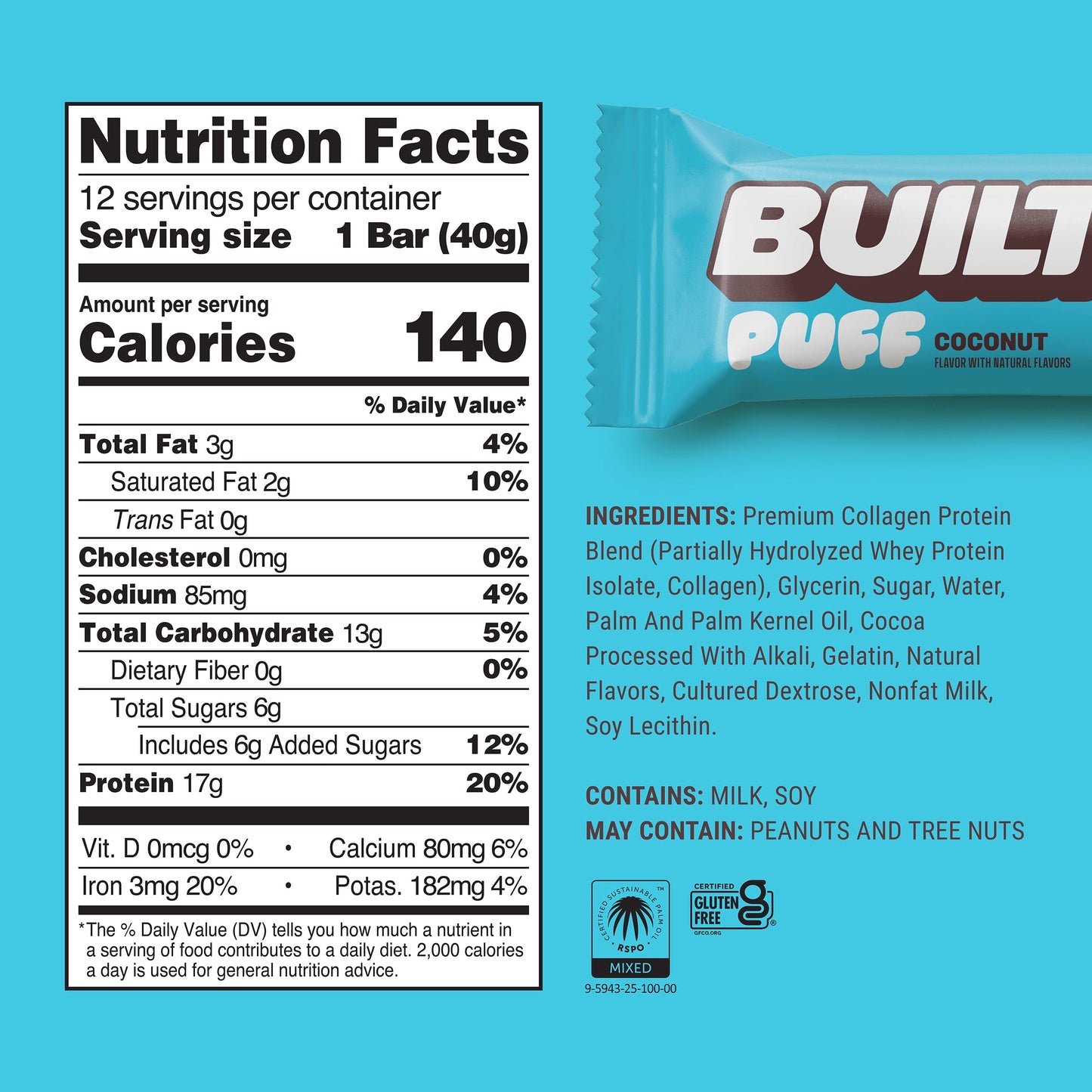 , Puff Protein Snack Bars, Coconut Puff, 17G Protein, Collagen, Gluten Free, 12Ct Box