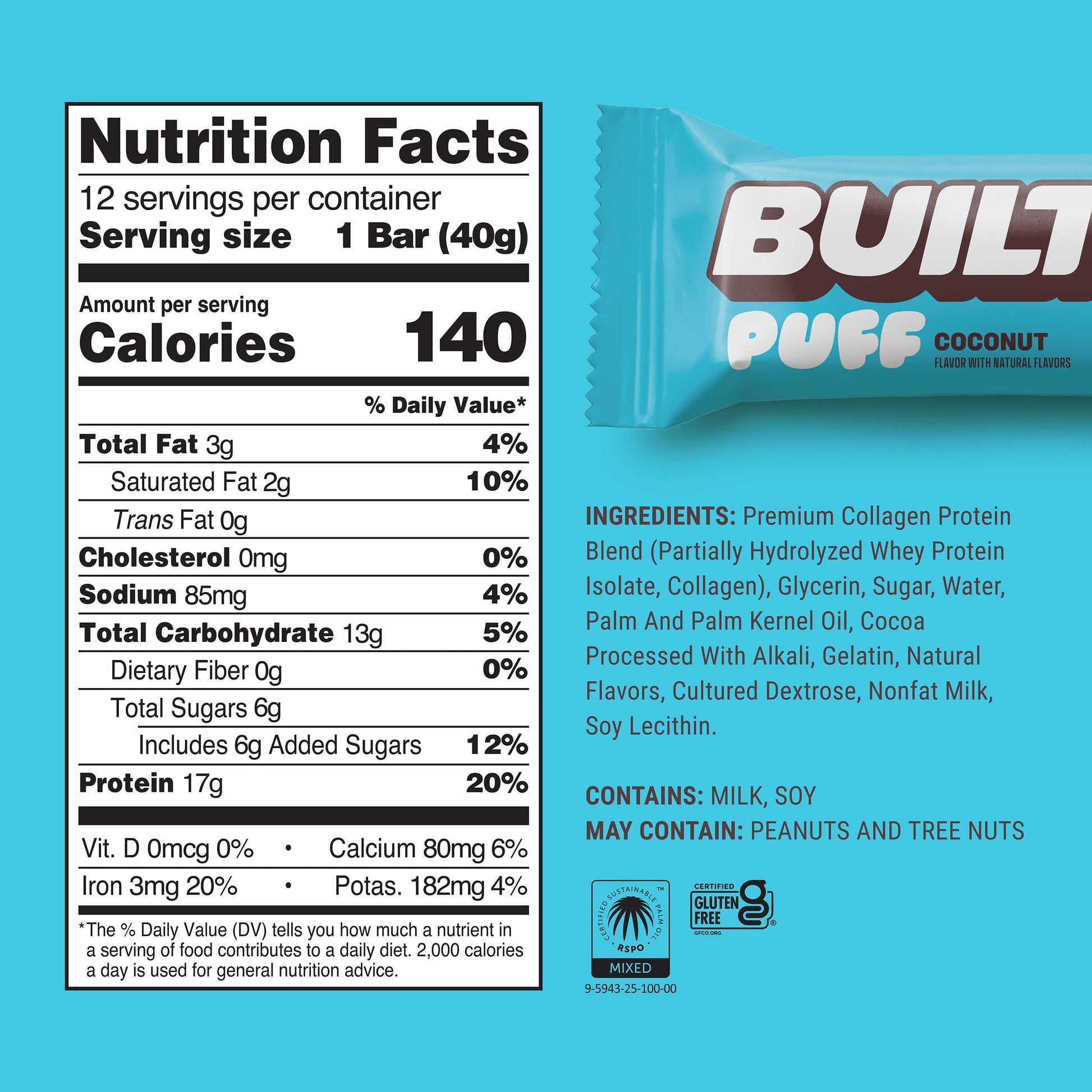 , Puff Protein Snack Bars, Coconut Puff, 17G Protein, Collagen, Gluten Free, 12Ct Box