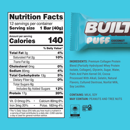 , Puff Protein Snack Bars, Coconut Puff, 17G Protein, Collagen, Gluten Free, 12Ct Box