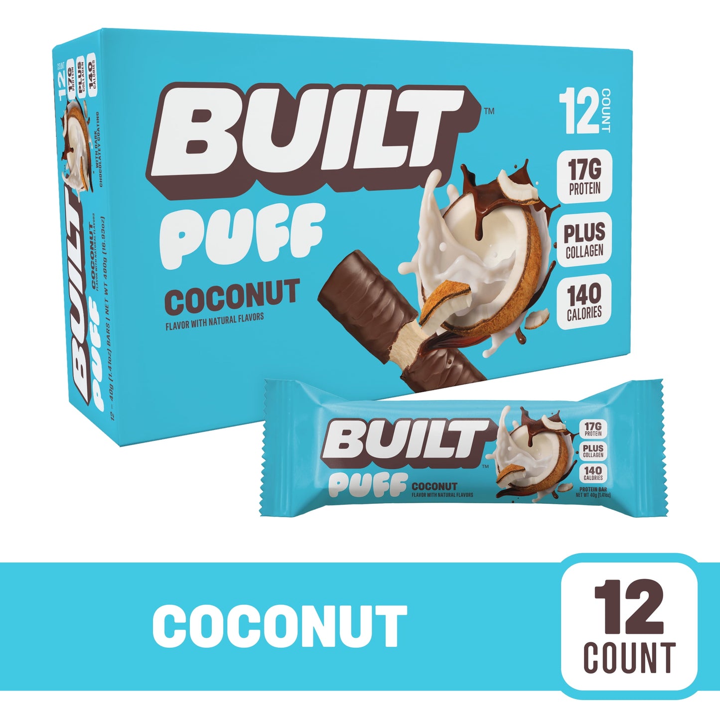 , Puff Protein Snack Bars, Coconut Puff, 17G Protein, Collagen, Gluten Free, 12Ct Box